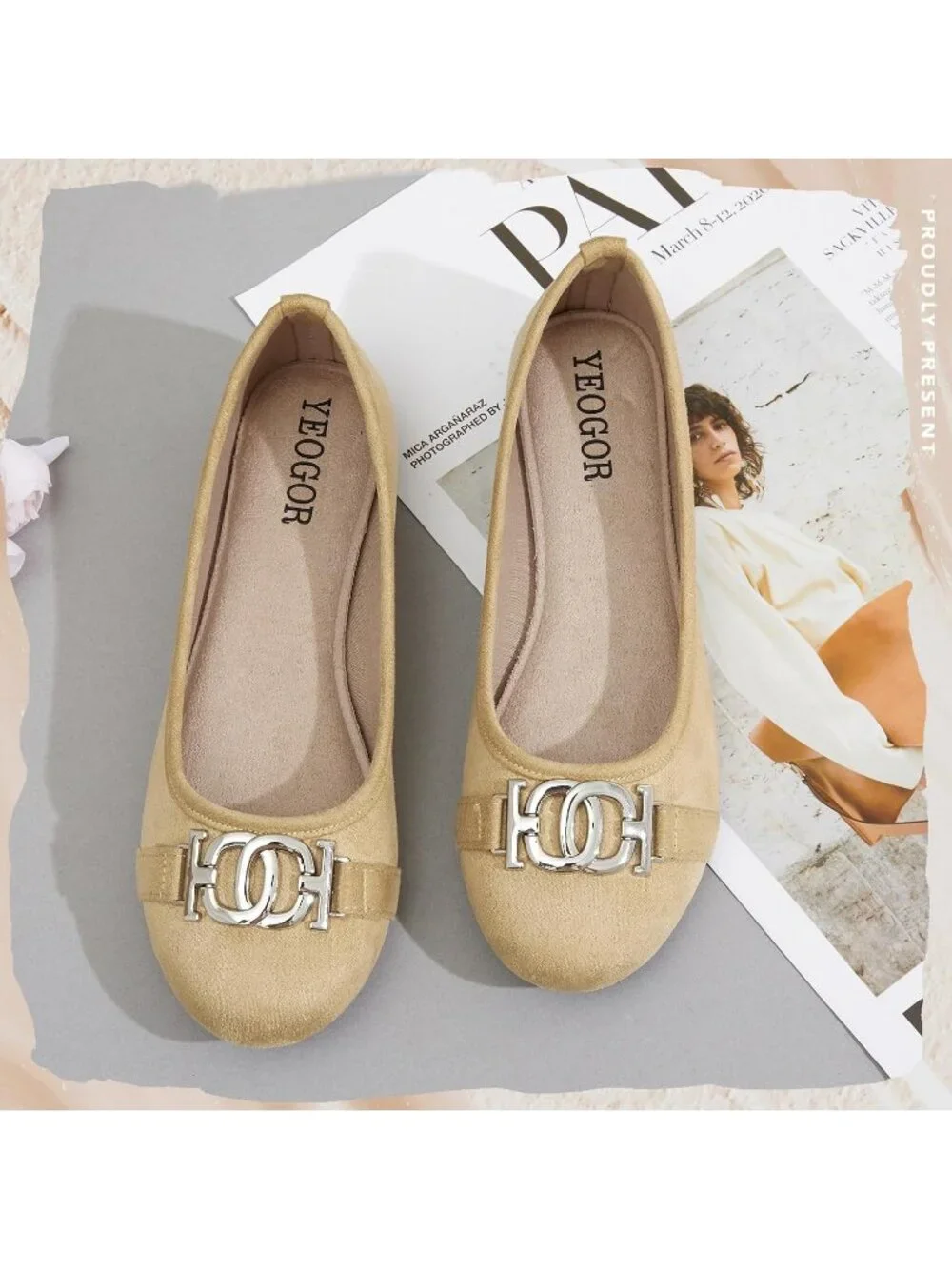 Women's Beige Micro Fiber Comfortable Round Toe Flat Slip on Casual Dressy Shoes